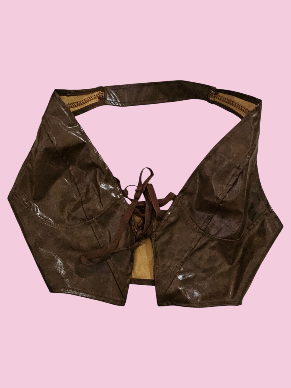 Giykbx New Brown Faux-Leather Lace-Up Halter Tank Top